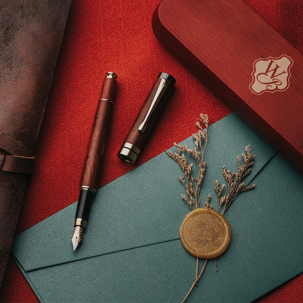 Wordsworth & Black Fountain Pen Set, Luxury Bamboo Wood - Medium Nib, Gift Case; Includes 6 Ink Cartridges, Ink Refill Converter -Journaling, Calligraphy; Drawing, Smooth Writing [Rosewood]