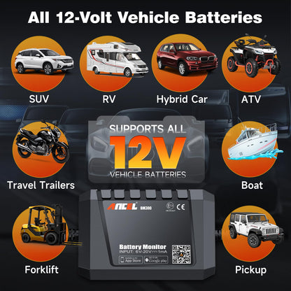 ANCEL BM300 12V Battery Monitor, Bluetooth 4.0 Automotive Voltmeter with Charging, Cranking System Test & Alarm - Compatible for Solar Power Systems, RVs, Motorcycles, Boats, Cars, and Trucks
