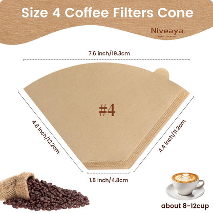 Niveaya Coffee Filters 300 Count, Cone Coffee Filter #4, Natural Paper Coffee Filter 8-12Cup (natural brown-300pcs, 04)