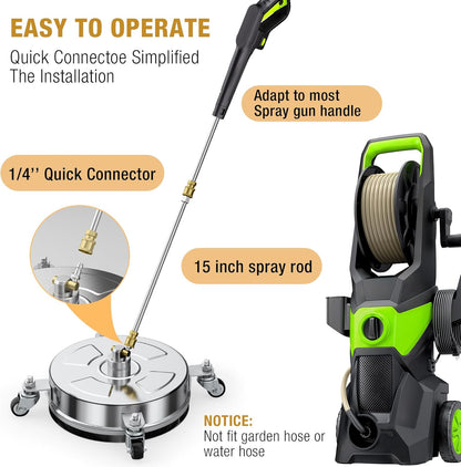 Skiennix 14" Pressure Washer Surface Cleaner - 4000 PSI, Stainless Steel, 4 Wheels, 3 Nozzles & 2 Wands