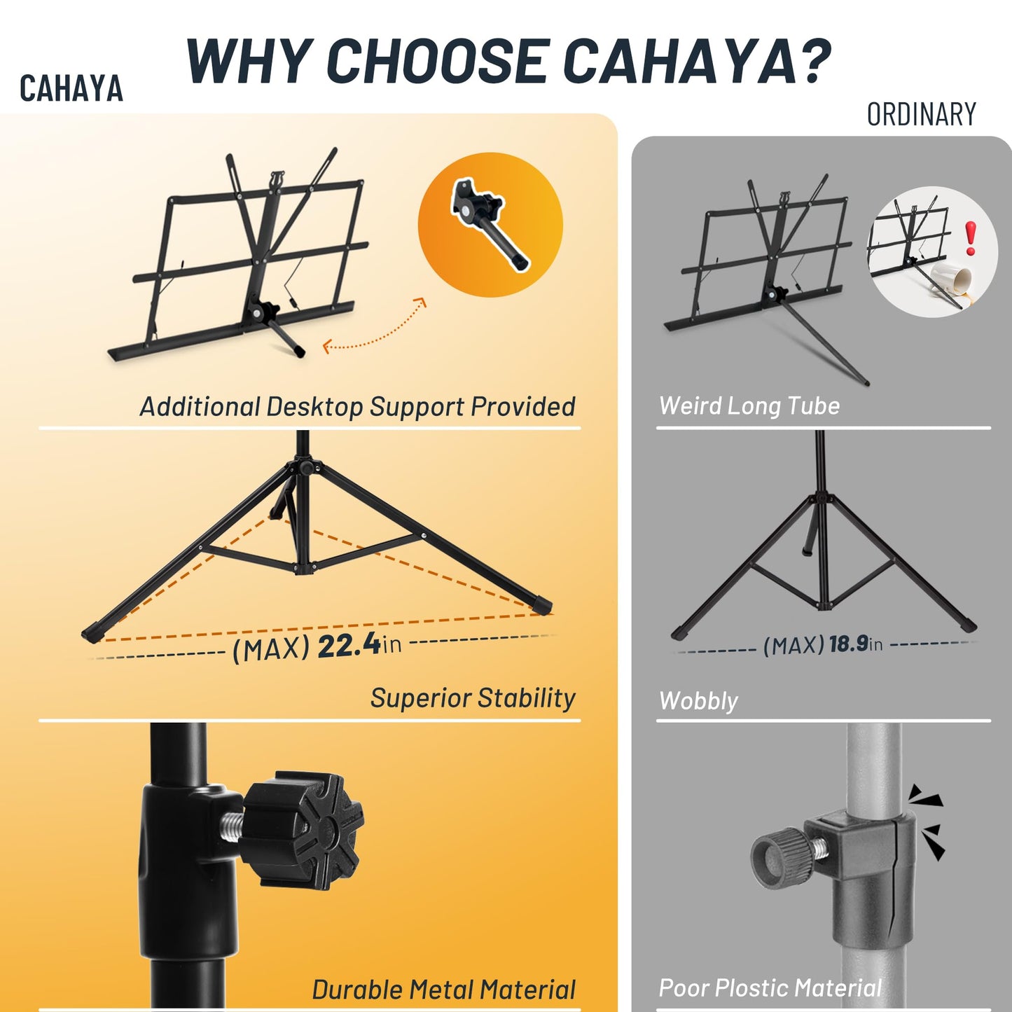 CAHAYA Portable Sheet Music Stand: Dual Use Desktop Book Holder Folding Lightweight Extra Stable Reinforced with Carrying Bag and Clip for Students Musicians Height Adjustable up to 54.3" CMS0204