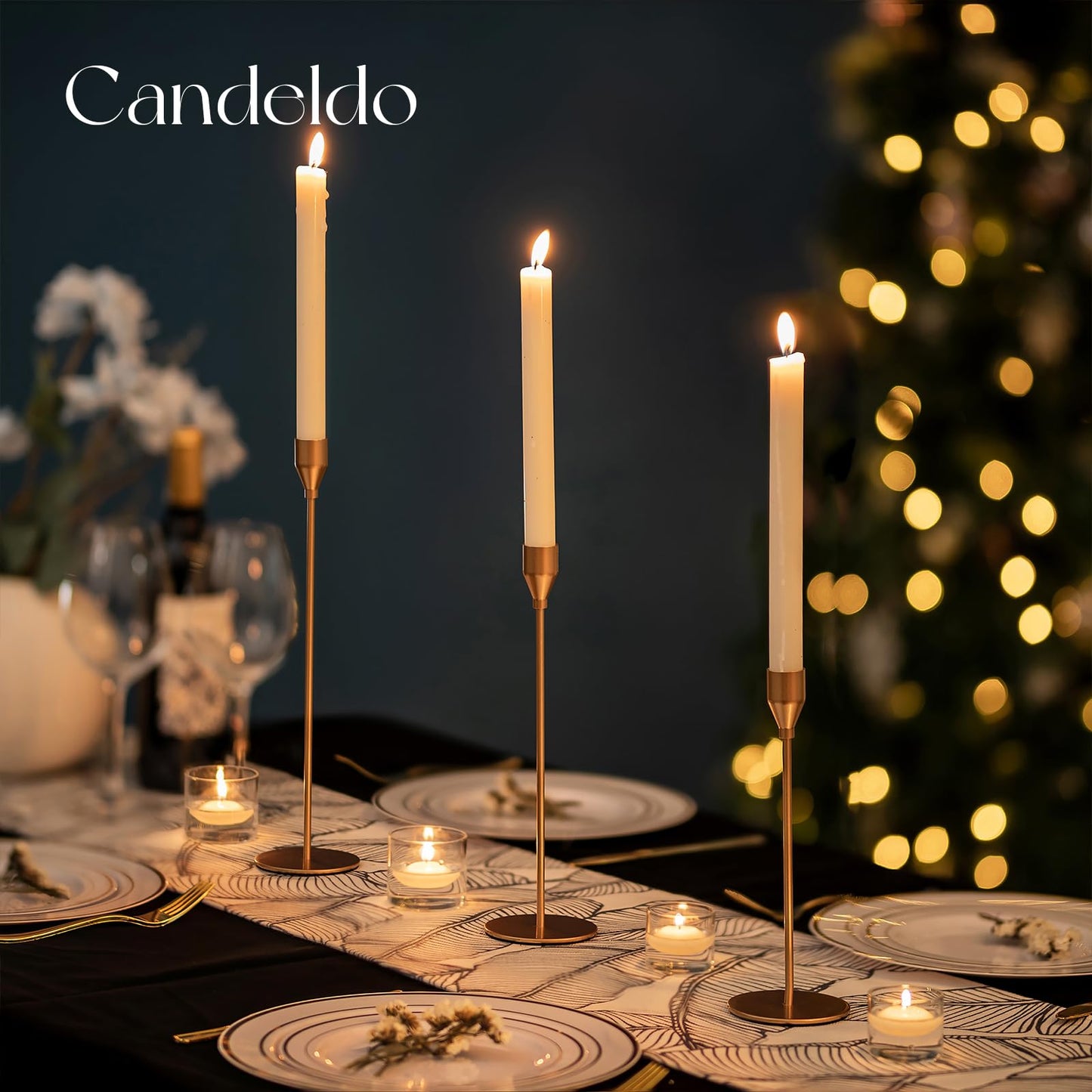 Candeldo Gold Taper Candle Holders: Tall Candlestick Holder for Table Centerpiece Set of 3 Metal Candles Stick Holders Stand Wedding Decor