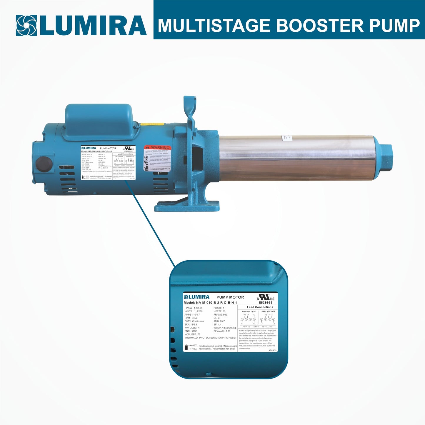 LUMIRA Multi stage booster pump - 07 GPM,16 STAGE, 1.0 hp, 115/230 Volts, 1 phase, 1" FNPT connections