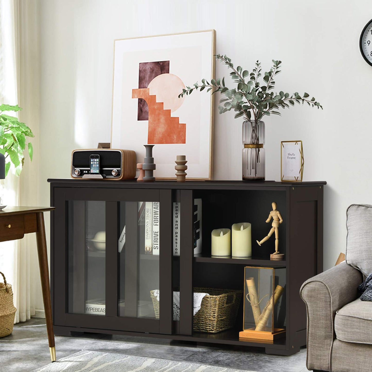Byroce Sideboard Buffet Cabinet, Stackable Storage Coffee Bar Cabinet with Adjustable Shelf & Glass Sliding Doors, Wood Cupboard Credenza Console Table for Kitchen Dining Living Room (1, Coffee)