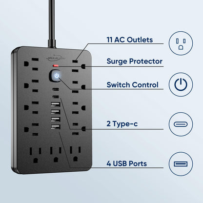 JouleLoom 6 FT Flat Plug Surge Protector Power Strip,11 Multiple AC Outlets with 6 USB Ports (2 USB C), 6 Feet Extension Cord, 1250W/10A, One Touch Switch Button, 17 in 1 Compact powerstrip