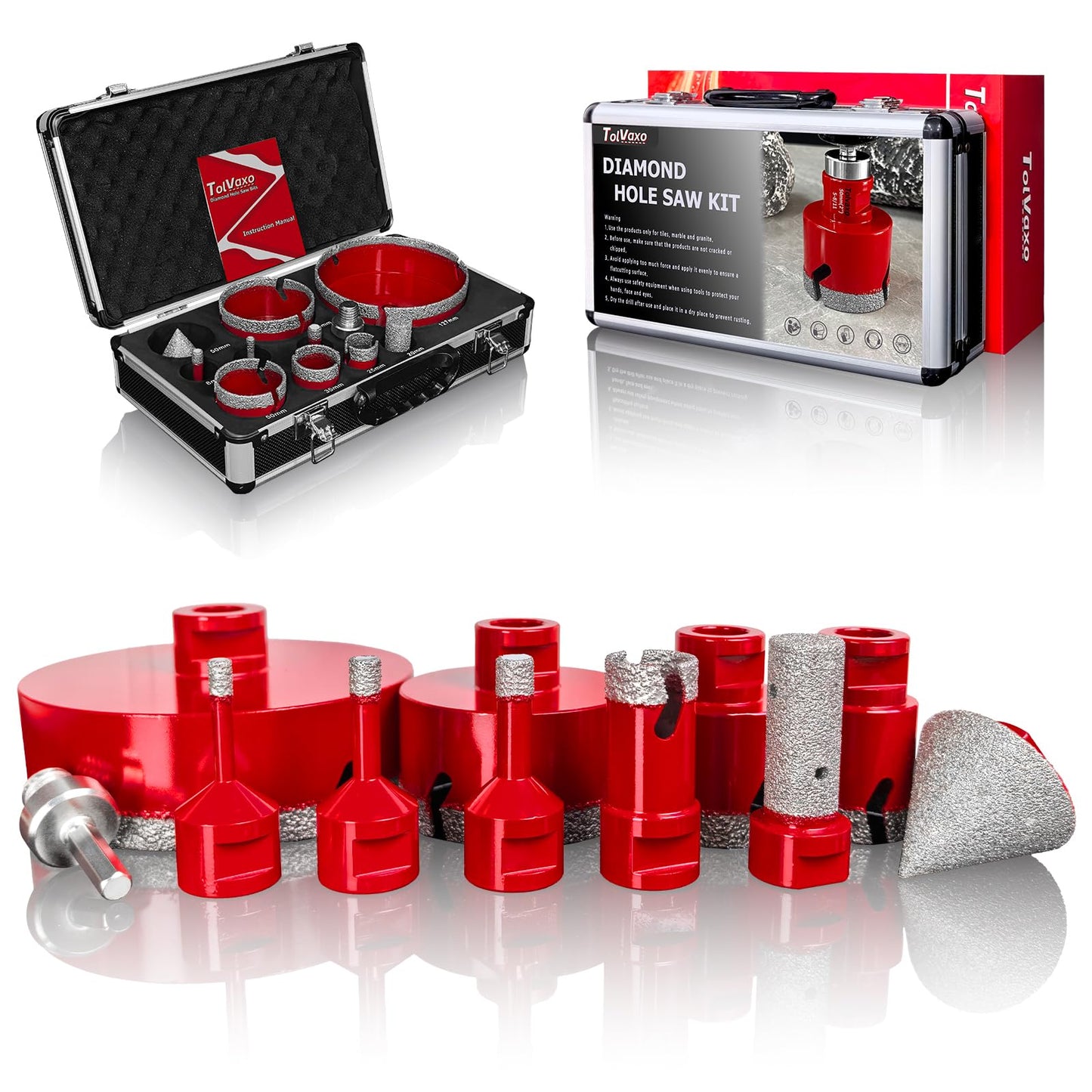 Tile Hole Saw Kit, Tolvaxo 11Pcs Brazing Diamond Hole Saw Kit for Porcelain Tile, Granite, Marble, Ceramic and More Drilling