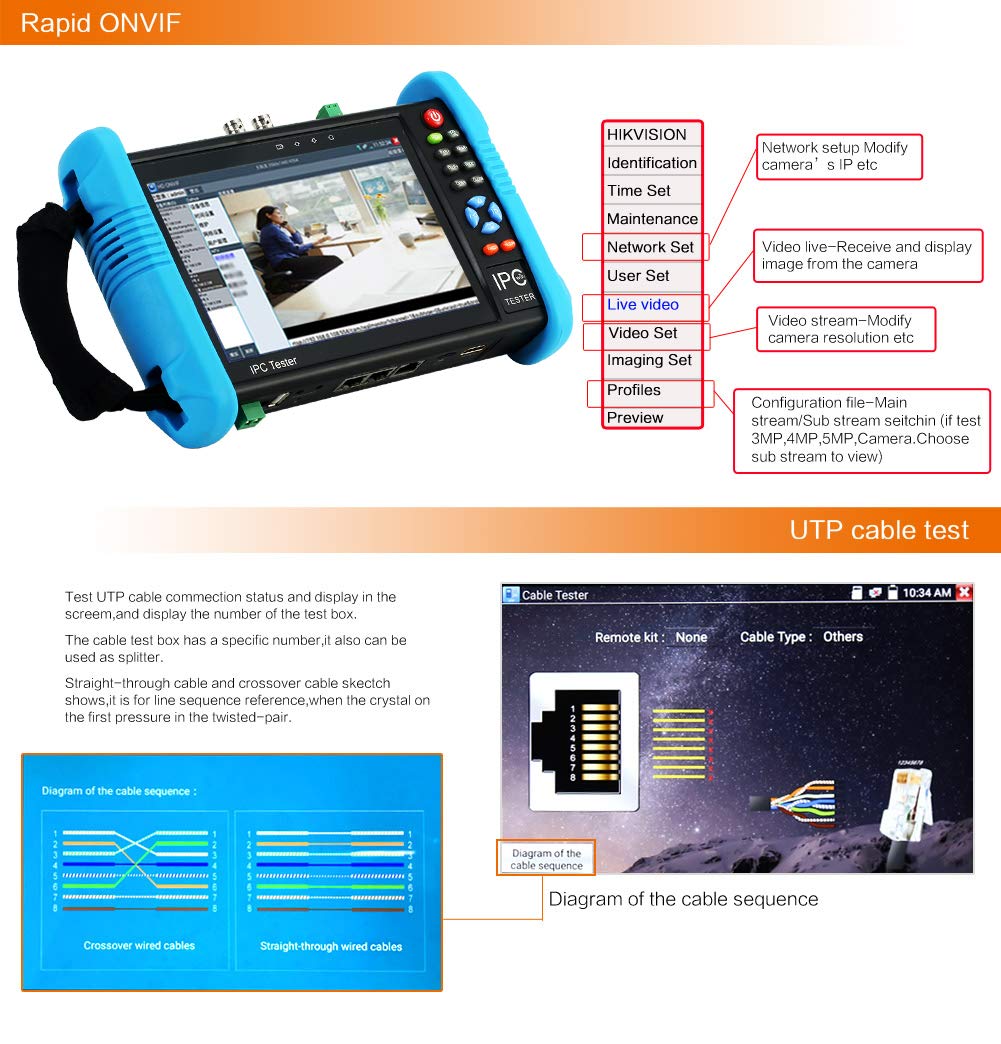 Koolertron 7" IPS Touch Screen 4K H.265 IP Camera Tester - IPC-9800 Plus,CCTV, CVBS, Analog Tester, Built-in WiFi, POE, HDMI, RJ45 TDR, Dual Window, 8GB TF Card, Firmware