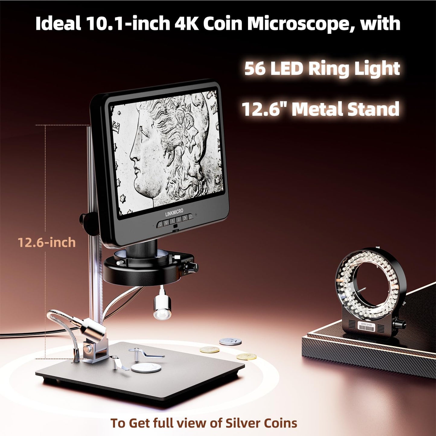 4K 30FPS HDMI Digital Microscope with 10.1'' Screen for Soldering LM208S, 4K Coins Microscope Camera 1500X for Adults, 3840P UHD Video Audio, 56 LED Ring Light, Full Coin View, PC View, 64G