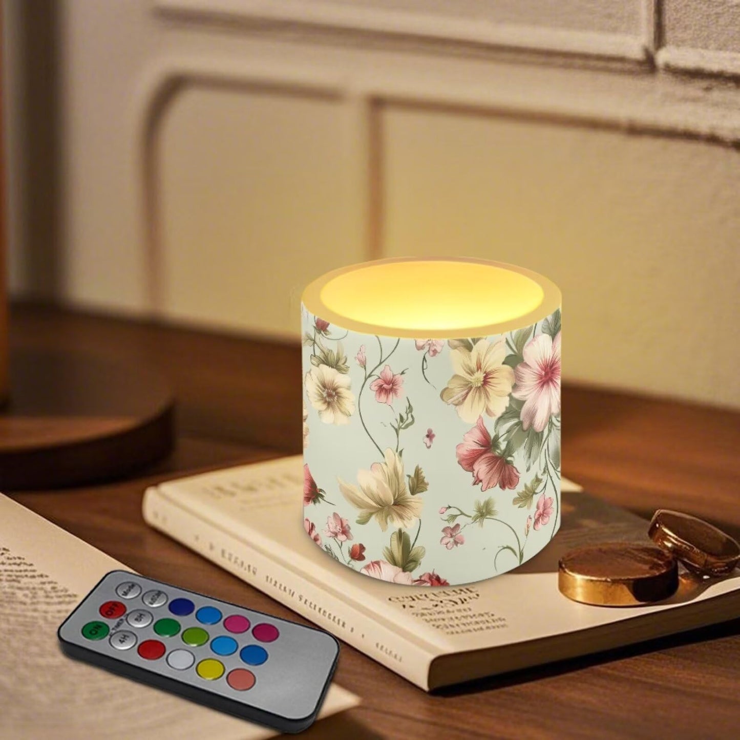 NETILGEN Yellow Floral Print Flameless LED Candles with Remote Timer Control Set of 4 Home Decorative Realistic Flickering Flameless Candles with Battery Powered