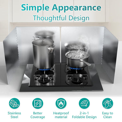 18"x16" Stove Splash Guard 2 Pack, Foldable Stainless Steel Backsplash, Heat Insulation Oil Splash Protector with Edge Guard for Kitchen Countertop