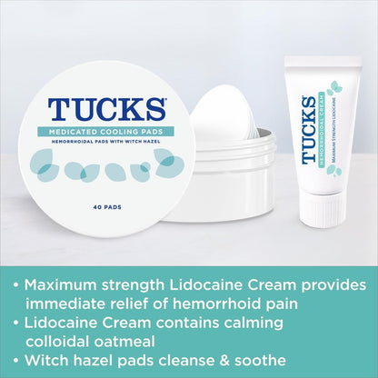 Tucks Multi-Care Relief Kit – 40 Count Witch Hazel Pads & 0.5 oz. Lidocaine Cream - Protects from Irritation, Hemorrhoid Treatment Medicated Pads Used by Hospitals