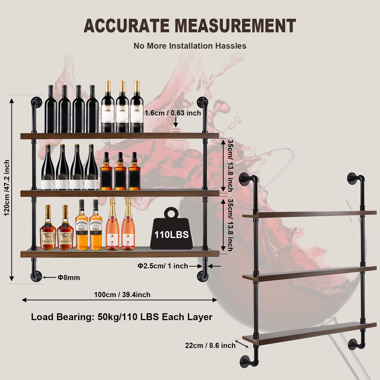 39.5-inch Modern Wall-Mounted Wine Rack with LED Lights, 3-Tier Liquor Bottle Bar Display Shelf, Industrial Wine Rack Floating Bar Shelf, Multifunctional Wine Storage Rack for Home Bar, Kitchen, Cafe