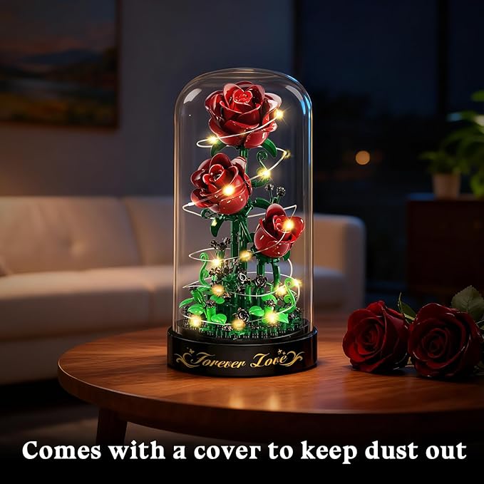 Flower Building Set with LED Light - 241 PCS Burgundy Red Rose Building Blocks Kit with Cover Easter Day Gift for Her Grilfriend Wife 3.6MM Mini Botanical Collection Block Toy Home Decor