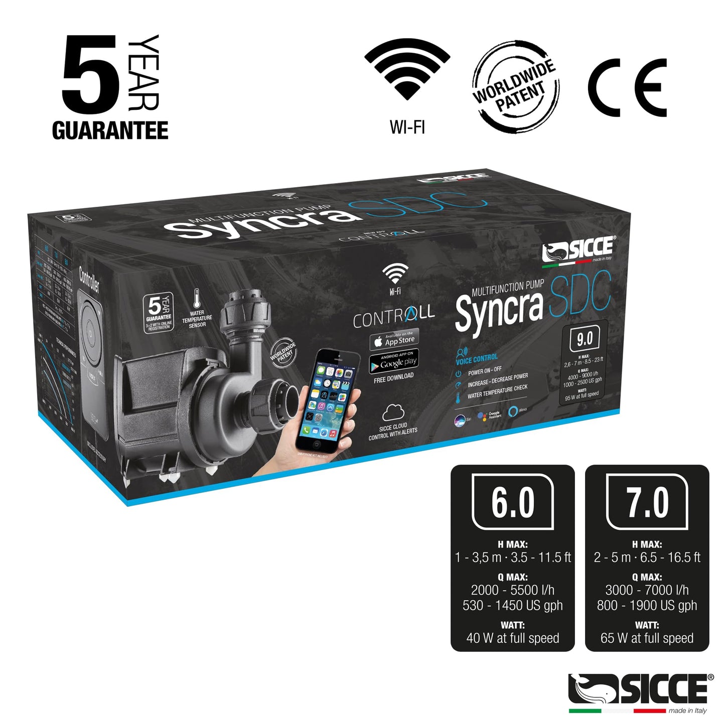 SICCE Syncra SDC 7.0 Water Pump 800-1900 gph WIFI Apex Controllable Aquarium DC Return with Controller | Quiet, Submersible or External | Fish Tank, Sump, Pond, Freshwater and Saltwater Marine Use