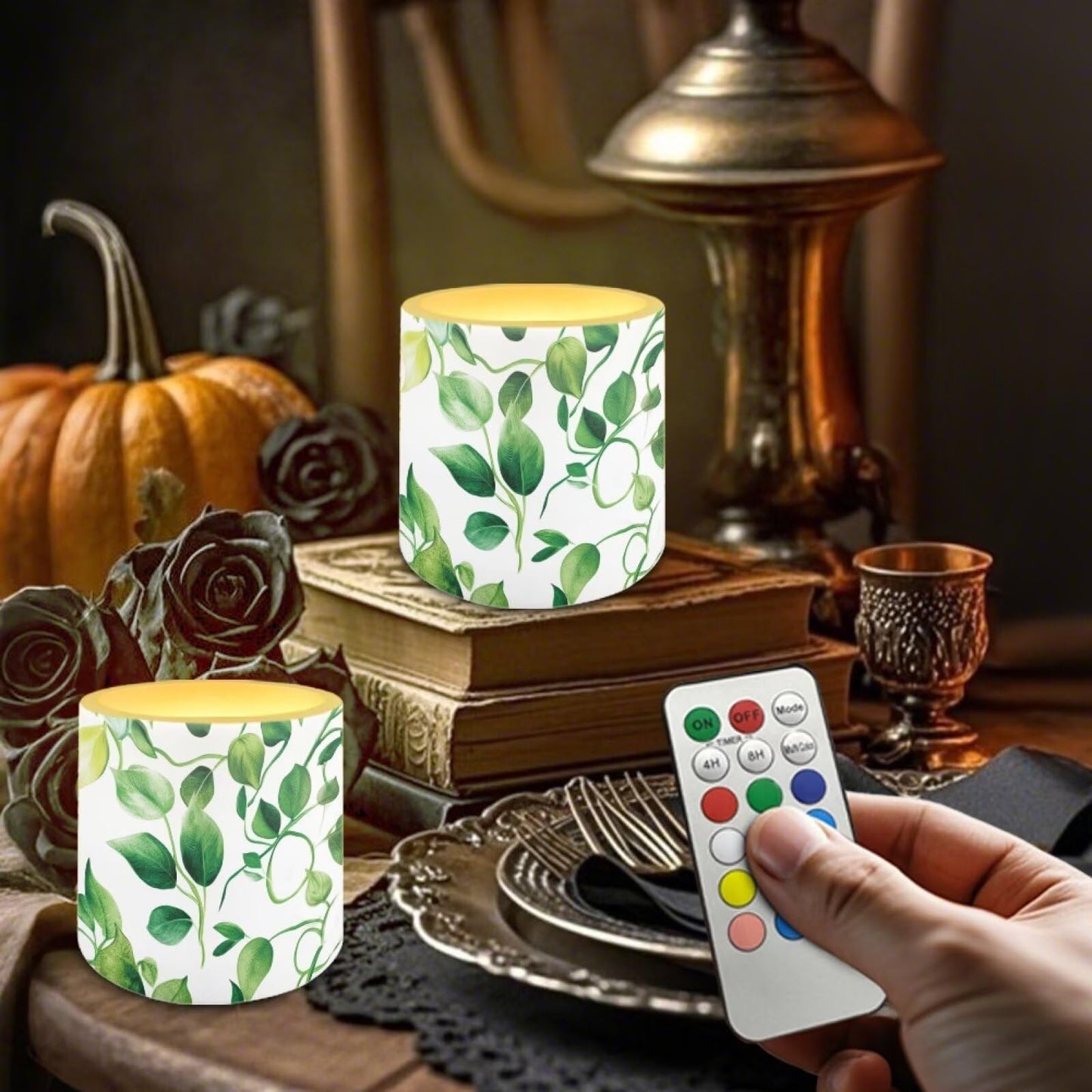 Cozeyat Green Leaves Realistic Dancing Flame Candles 4 Pack Battery Operated Flameless LED with Remote Control Timer Waterproof for Indoor Outdoor Decoration