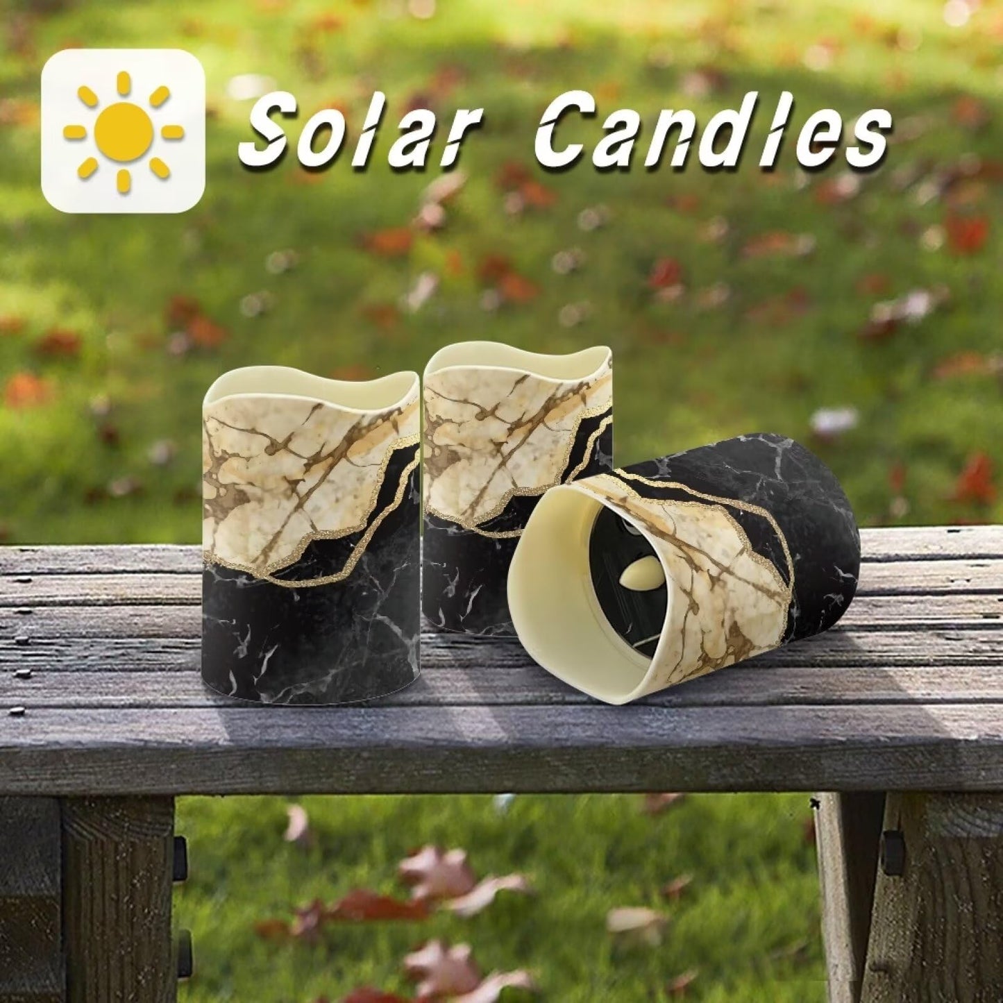 HUISEFOR Black Marble Flickering Flameless Candles Set of 6 Outdoor Solar Candles Rechargeable Solar Emergency Night Lights with Dusk to Dawn Light Sensor Modern Home Decorations
