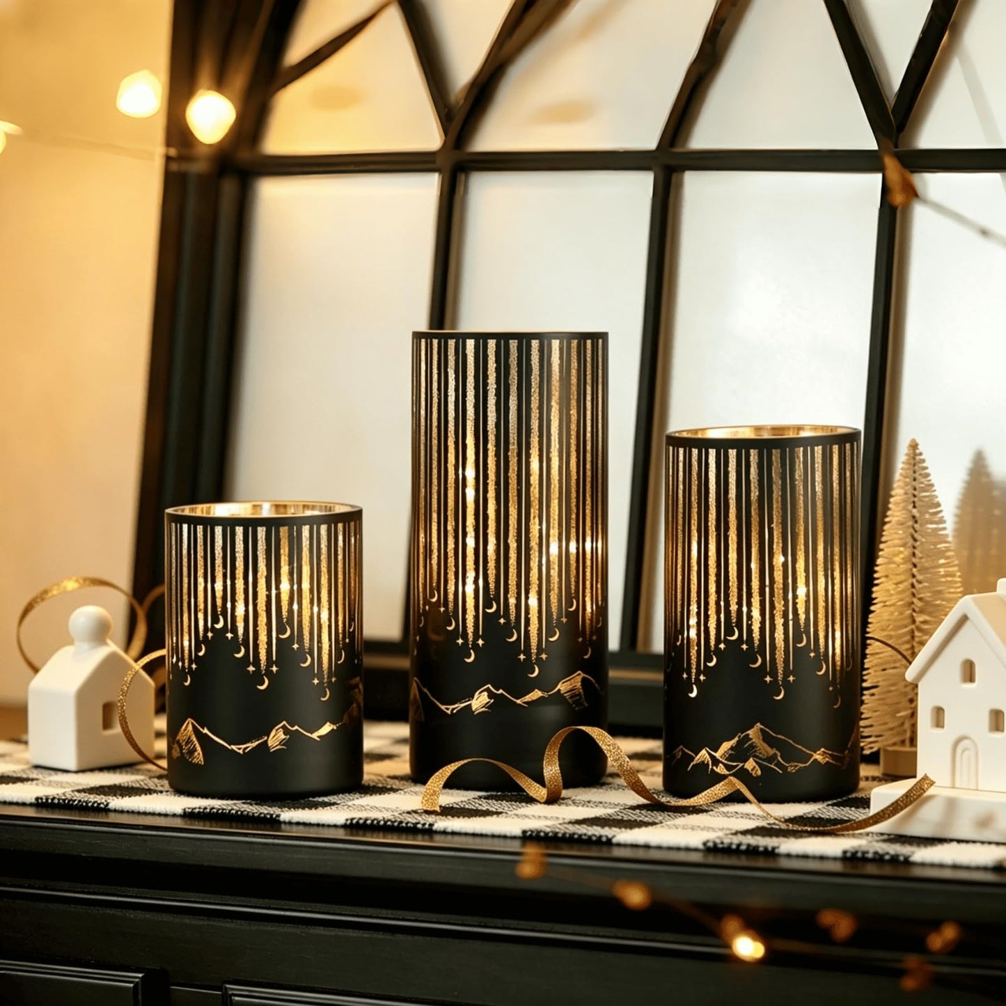 Ashroder Starry Night Elegant Hurricane Candleholders with LED Flickering Lights & Remote Timer, Decorative Glass Hurricanes for Indoor Table Centerpieces & Year-Round Home Decor, Set of 3 (Black)