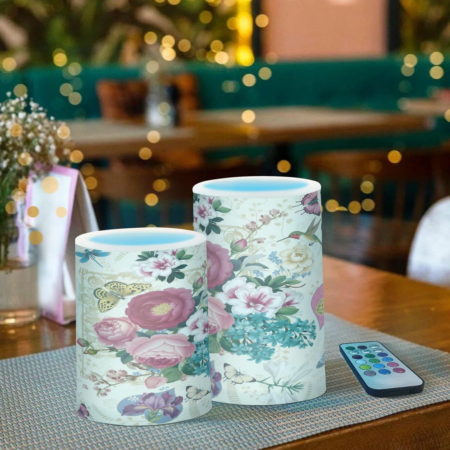 Beautiful Spring Flowers Butterflies Hummingbirds Flickering Flameless Candles Battery Operated with Remote Timer,Tea Light Candles LED Pillar Votive Candles set of 2 for Outdoor Indoor Decorations