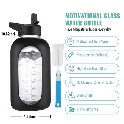 CIVAGO 64 oz Glass Water Bottle Jug with Straw and Handle, Half Gallon Sports Motivational Water Bottle with Time Marker, Wide Mouth Water Flask Canteen with Silicone Sleeve for Gym,Camelia