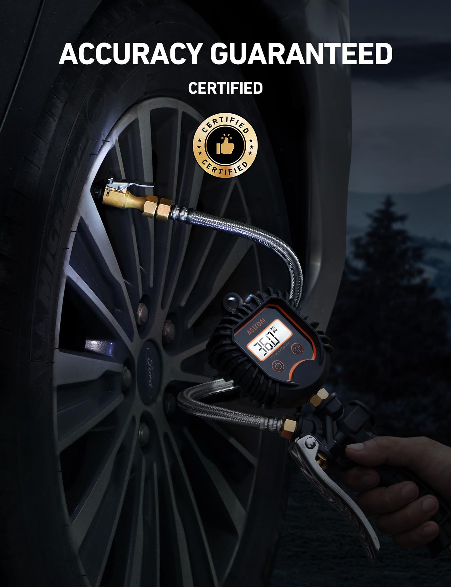 AstroAI Digital Tire Pressure Gauge, Heavy Duty Tire Inflator Gauge 250PSI Air Chuck Compressor Accessories with Stainless Braided Hose, Rotatable Dial&Quick Connect Coupler for Truck/RV/SUV