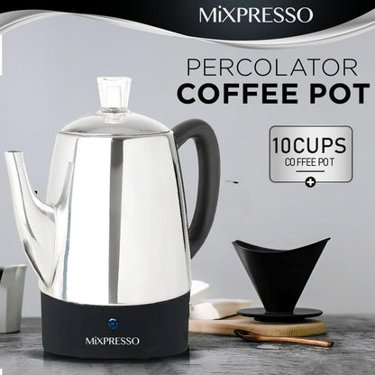 Mixpresso 10 Cup Percolator Coffee Pot Electric, Stainless Steel Coffee Percolator Electric With Keep Warm Function, Classic Perculator Pot With Removable Basket for Home or Office