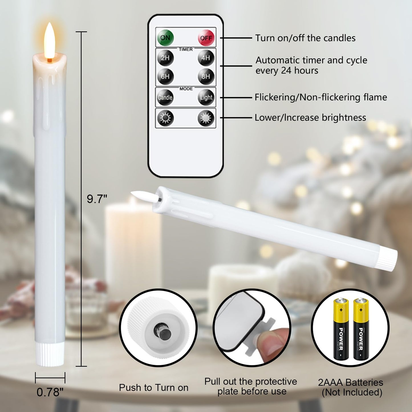 DRomance Dripping Flameless Taper Candles Flickering with Remote and Timer Battery Operated LED Taper Candle Real Wax 3D Wick Dinner Wedding Christmas Holiday Indoor Decor(6 Pack White, 0.78" x 9.7")