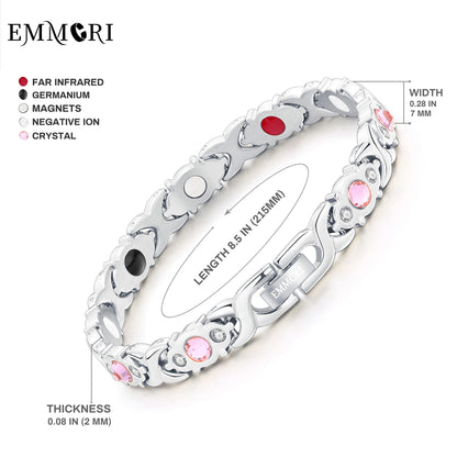 EMMORI Ultra Strength Magnetic Bracelet for Woman - 3,500 Gauss Per Magnet -Crystal Bracelet - Adjustable Length -Pulseras Magneticas (Silver)