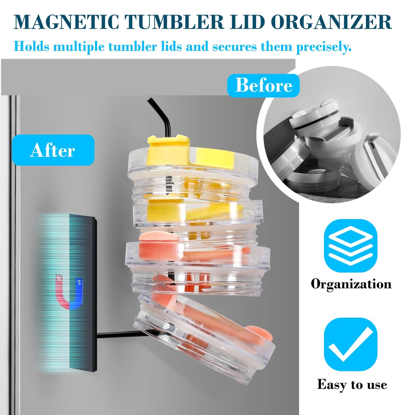 HGZBS Magnetic Cup Holder Set - Universal Organizer Fits Stanley 20/30/40oz & All Cups up to 3.25 Inches Wide, Modular Rack with Lid and Straw Holders (Black, 8 Cup)