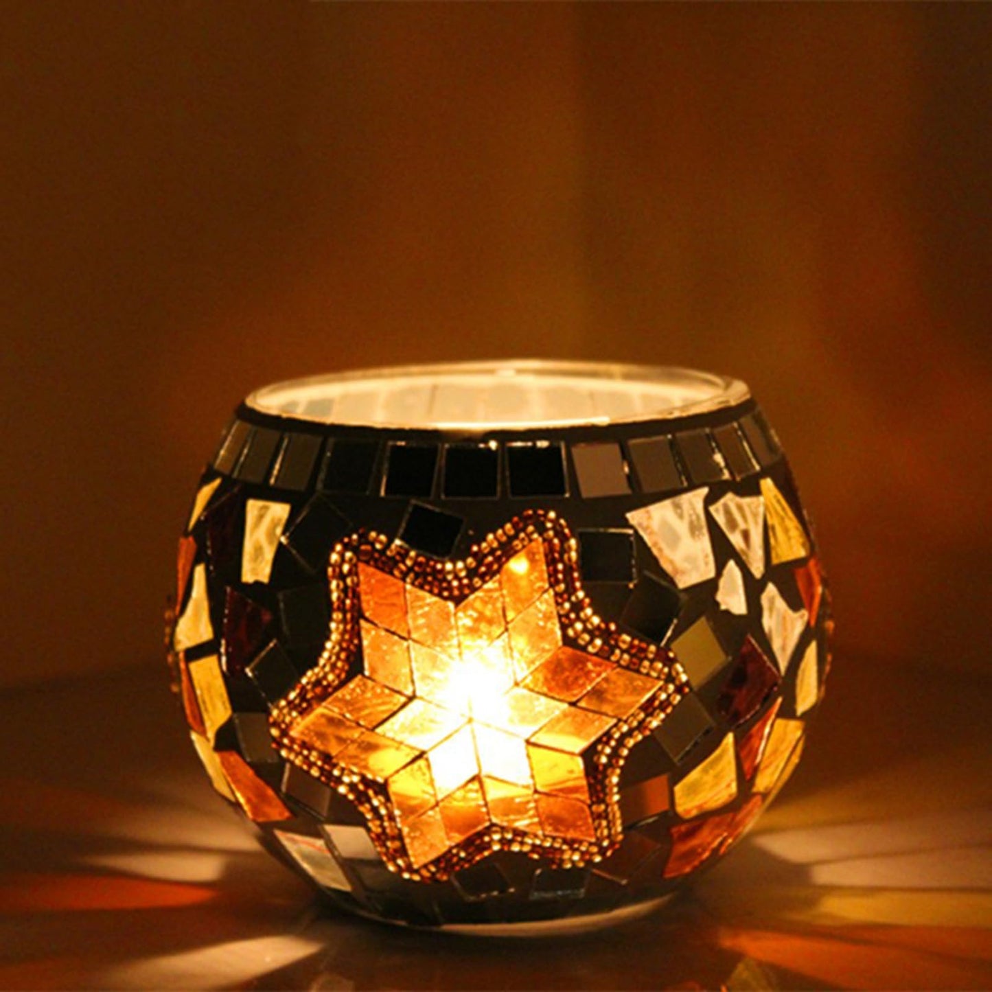 Mosaic Glass Tea Light Holders Romantic Stained Votive Candle Holder, MIATTCLD Round Handmade Tealight Candle Holder for Table Centerpieces, Christmas, Valentine, Birthday Party, Home Decor (E)