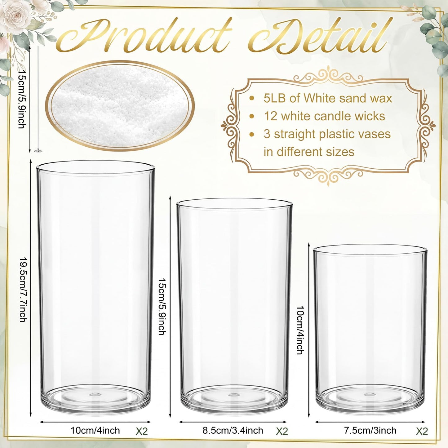 Gerrii 5lb Wedding Pearled Candles Sand and Wicks 6 Cylinder Glass Vase Weddings Centerpiece Refillable DIY Sands Candle Wedding Sand Ceremony Kit Gift for Bridal Shower Home Decor Holiday Party Gift