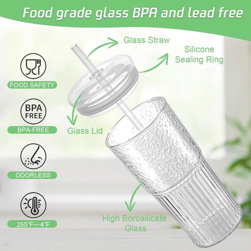Luiaiog Glass Cups with Lids and Glass Straws, High Borosilicate 20OZ Tumblers (2Pcs) for Coffee, Tea, Juice, Smoothies, Hot/Cold Drinks at Home, Office（Creative Drink Label Design）