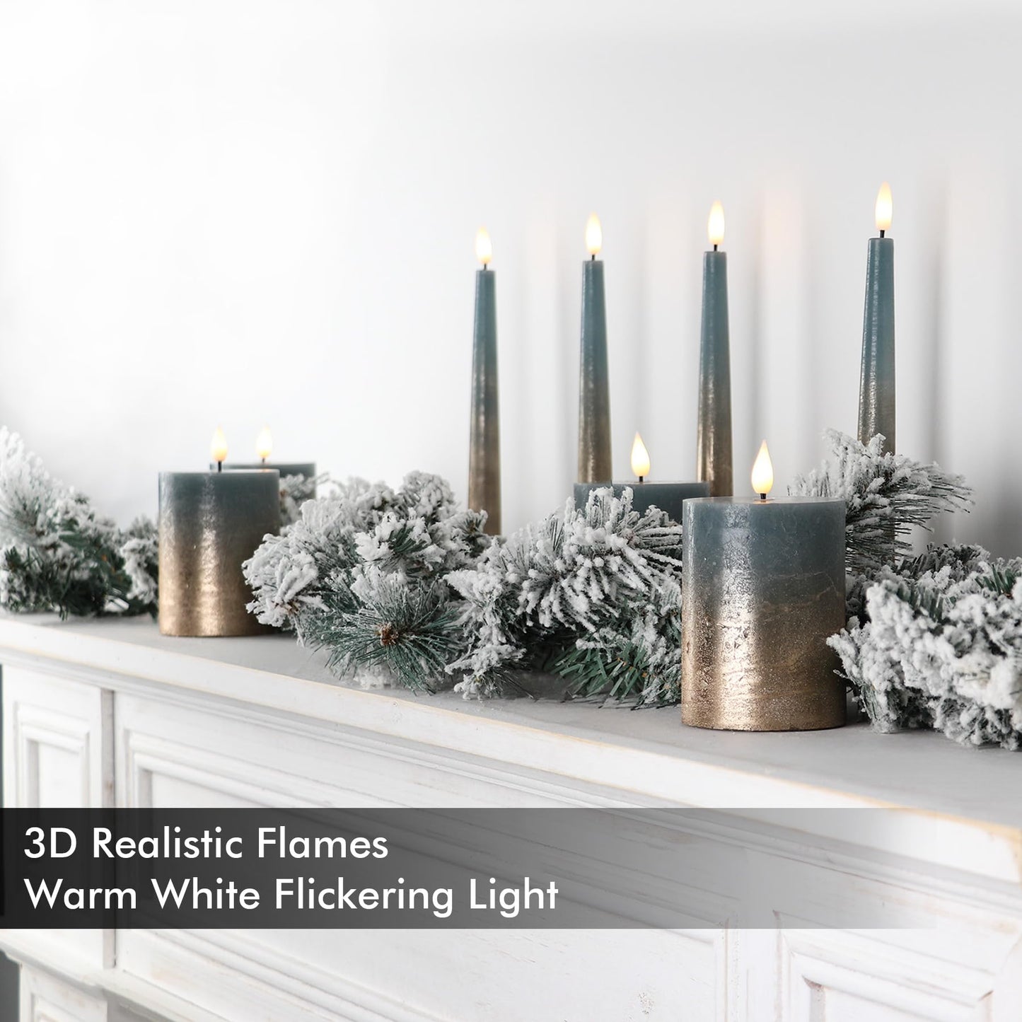 Fanna Flameless LED Pillar Candles with Timer for Wreath, Battery Operated Rustic Wax Candles with Remote for Christmas, 8 Batteries Included - Set of 4 (D 3" x H 4") - Misty Blue/Copper