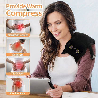 Large Microwave Heating Pad with Washable Cover 21 * 12" Microwavable Heating Pads for Cramps, Back, Neck Shoulder Pain Relief, Cordless Weighted Moist Heat Pack, Black Cat