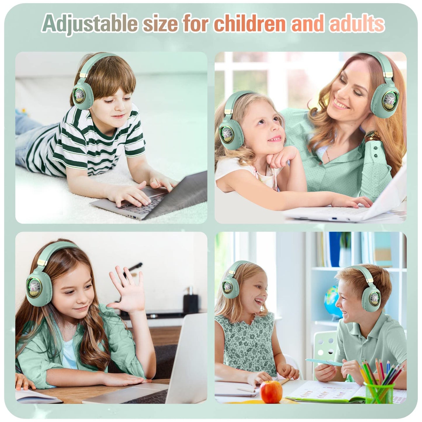 Girls Green Gaming Headset with Microphone - Wired & Wireless Noise Cancelling Over Ear Headphones for Kids & School - Bluetooth Earbuds