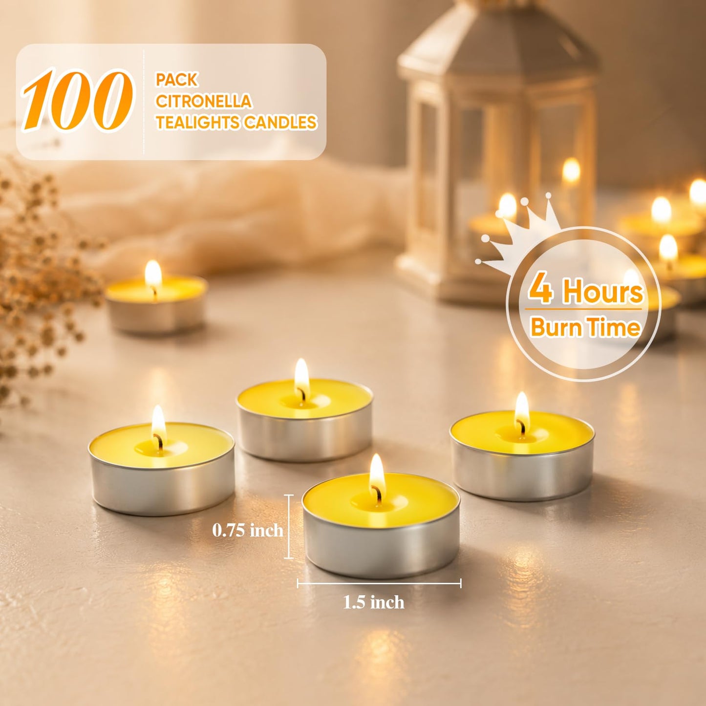 100 Pack Citronella Tealight Candles Bulk,Outdoor Intdoor Summer Scented Candles,Natural Soy Wax Citronella Tea Lights Candles for Patio,Yard,Garden,Pool,Porch,Parties,Weddings