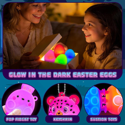 ChildFun Prefilled Easter Eggs with Light Up 3D Animal Pop Toys, 24 Pack Easter Eggs Filled, Easter Basket Stuffers for Toddler Eggs Hunt, Glow in The Dark Easter Egg, Easter Gifts for Kids