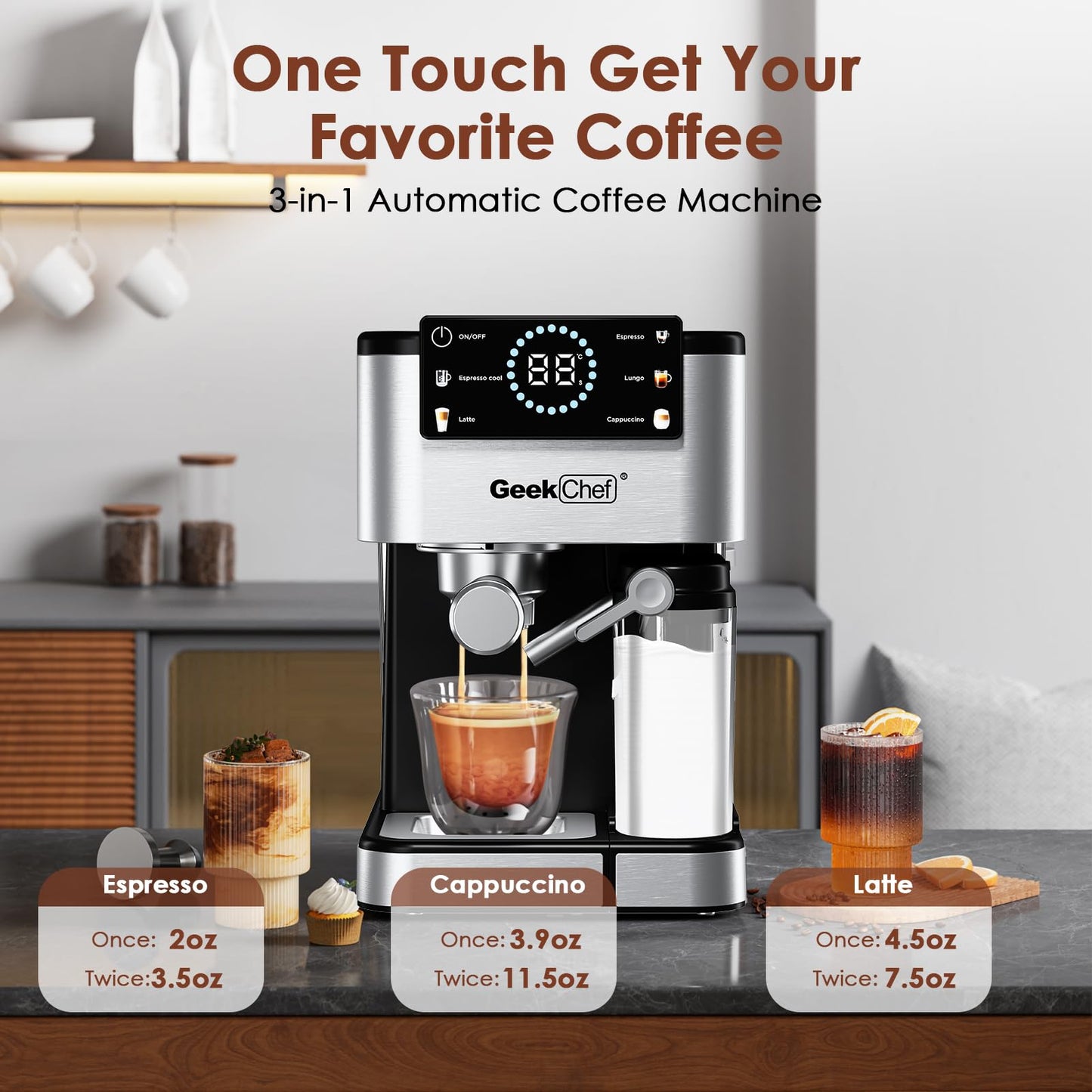 Geek Chef Espresso Machine, 20 Bar Espresso and Cappuccino Coffee Maker, Quick Heating Automatic, Latte & Cappuccino Creator, for Home, for Gift to Family, Friends, Coffee Shops