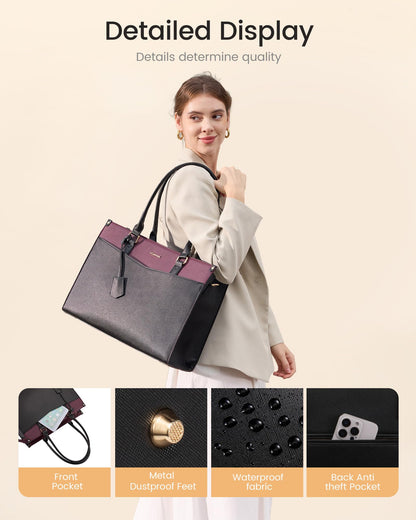 LOVEVOOK 17.3 inch Laptop Bag for Women, 2-in-1 Multi-Pocket Leather Tote Purse with Elegant Clutch & Cup Holder, Waterproof Structured Large Capacity Work Briefcase for Office Travel, Wine Red-Black
