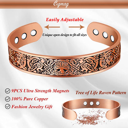 Cigmag 9X Copper Bracelet for Men Copper Magnetic Bracelet Ultra Strength Magnets Tree of Life Raven Pattern Adjustable Solid Pure Cuff Bangle