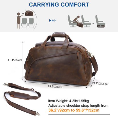 TIDING Full Grain Leather Duffle Bag for Men - 20 Inch TSA Approved Carry On Weekender Overnight Travel Duffel Bags
