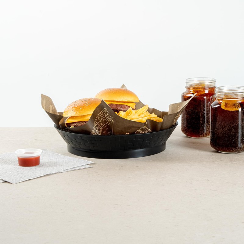 Restaurantware Round Serving Baskets 10 Pack of 10.47 x 2.17 Inch with Base Drainage Slots Microwavable Dishwashable Stackable Plastic Black Food Serving Trays for Restaurants and Catering