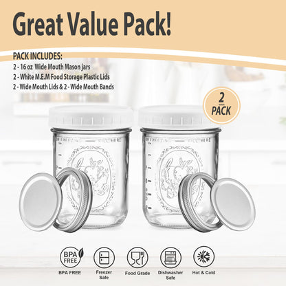 Wide Mouth Mason Jars 16 oz - (2 Pack) - Wide Mouth 16-Ounces Pint Mason Jars with White M.E.M Food Storage Plastic Lids - For Storage, Canning, Freezing, Leak Proof, Microwave & Diswasher Safe