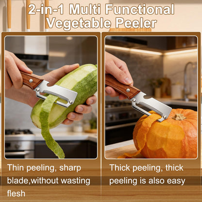 2 Pcs Multi-Functional Vegetable Peeler for Kitchen, Premium Vegetable Peeler with Wooden Handle and Bottle Opener, Stainless Steel Blade Kitchen Tool for Fruit Apple Potato Pumpkin Papaya Carrot