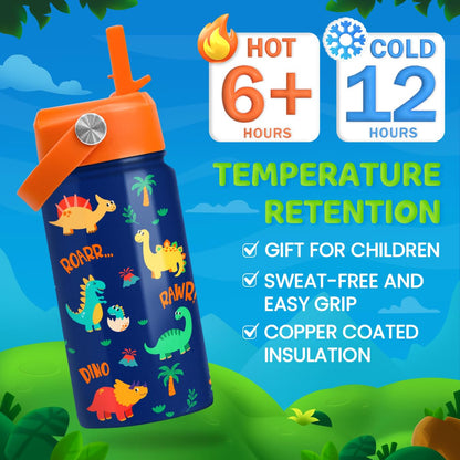 Dinosaur Water Bottle for Boys - Kids Water Bottle with Straw Lid - 12 Oz Insulated Stainless Steel Water Bottles for Kid - Travel Cup for School Sports