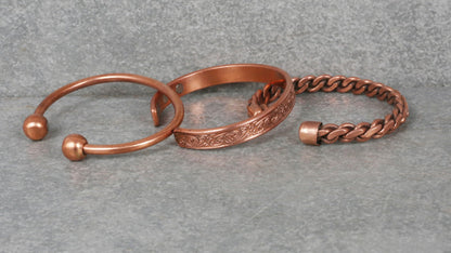 Touchstone copper bracelets | gift for men women |adjustable 100% pure solid real magnetic jewelry | handmade bracelet set combo | rope braided tibetan bangles. Set of 3 different designs