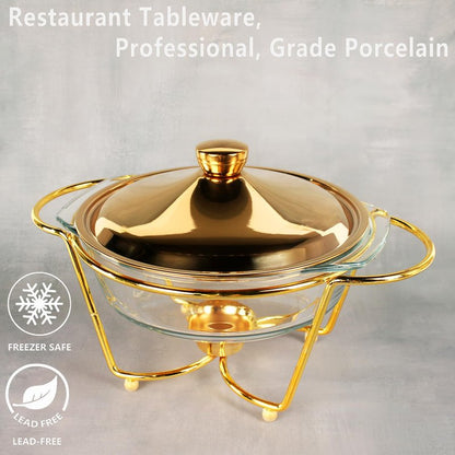 jinsongdafa Casserole Dish 9" Glass Baking Dish with Stainless steel Lid and Golden rack, 1.5 Qt round Baking Pan For Casserole & Lasagna, Microwave Dishwasher Freezer Oven Safe