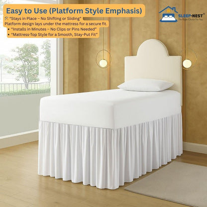 SLEEP-NEST Twin XL Dorm Bed Skirt - 42” Extra Long Drop, Platform Style - Dust Ruffle Bed Skirt, Wrinkle-Resistant, Hidden Storage Solution, Easy Fit for College Dorm Beds - White