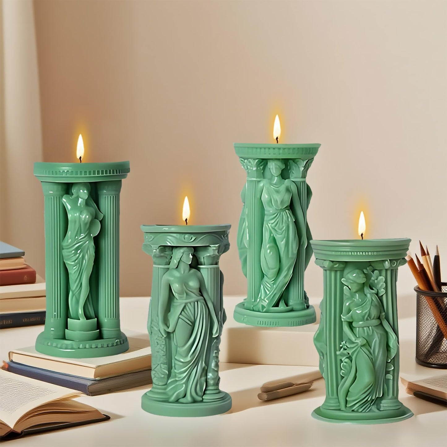 4 Pack Goddess Athena Silicone Pillar Candle Molds, 3D Portrait Resin Casting Silicone Mold for Epoxy Resin Craft, Soap & Aromatherapy Candle Making, Home Table Halloween Party Decor Craft Molds