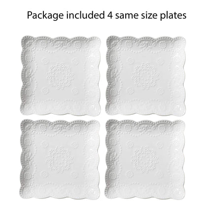 Jusalpha Set of 4-Square Embossed Lace Ceramic Plate-Dinner Plate Set, Pasta/Salad/Dessert Plate Dishwasher MicrowaveTableware Set for Restaurant Family Party Kitchen Use (White, 6 Inches)