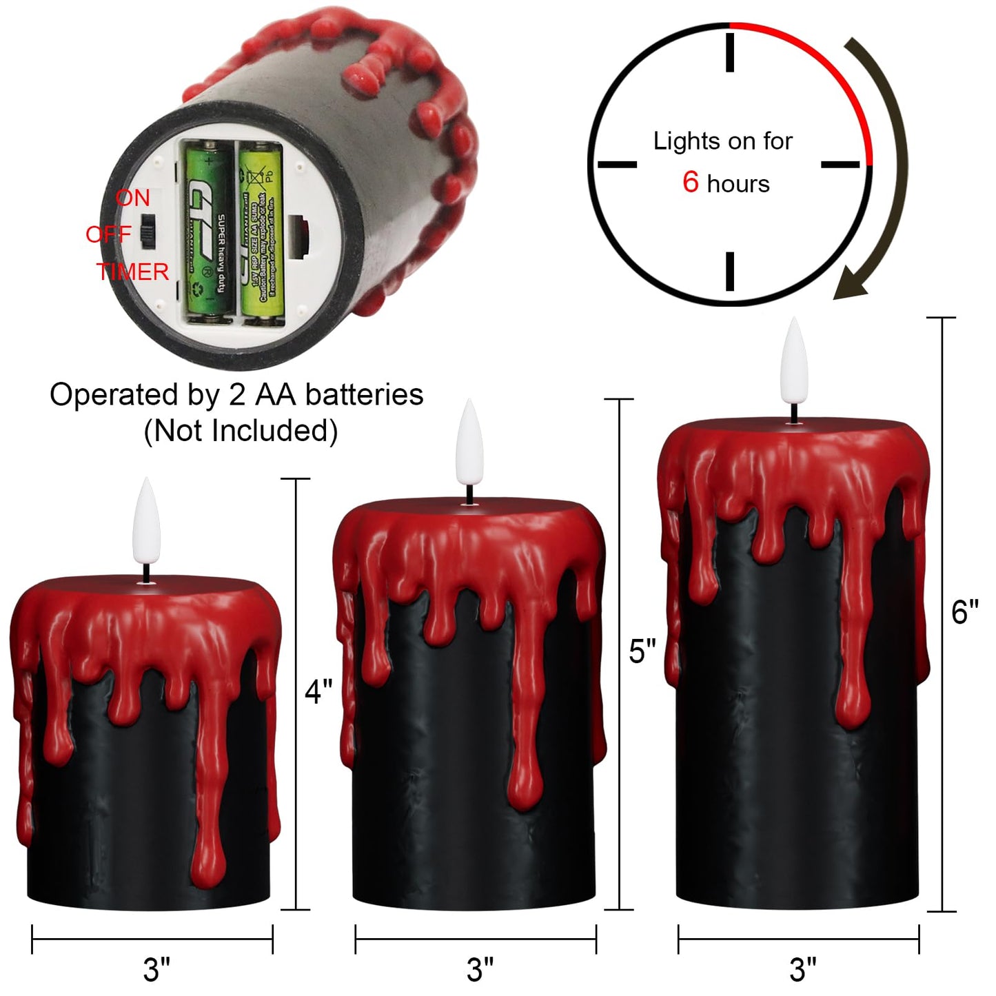 Lasumora Halloween Decorations Led Candles Flickering with 6H Timer, Battery Operated Halloween Candles, 3 Pcs Drip Wax Spooky Halloween Decor Indoor Real Wax, D3 x H 4" 5" 6"